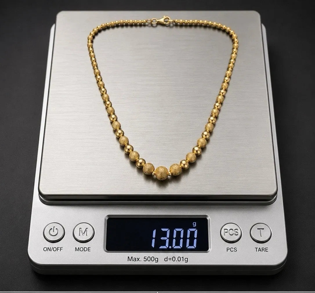 VINTAGE 18K YELLOW GOLD NECKLACE (750) 13 SATIN AND SHINY BEADS - 45 CM