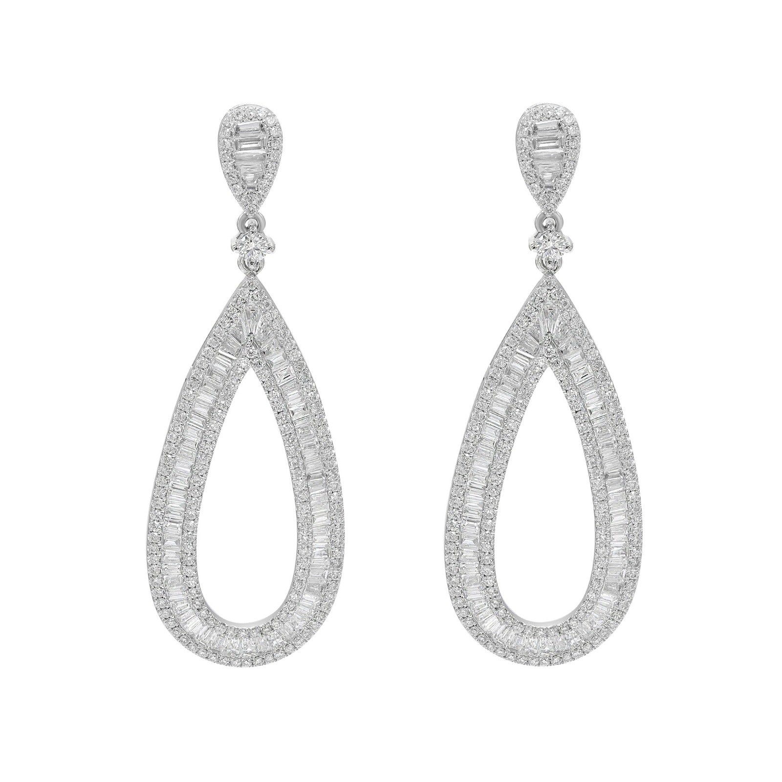 Statement baguette and round diamond earrings in 18k white gold, 3.31 carats total