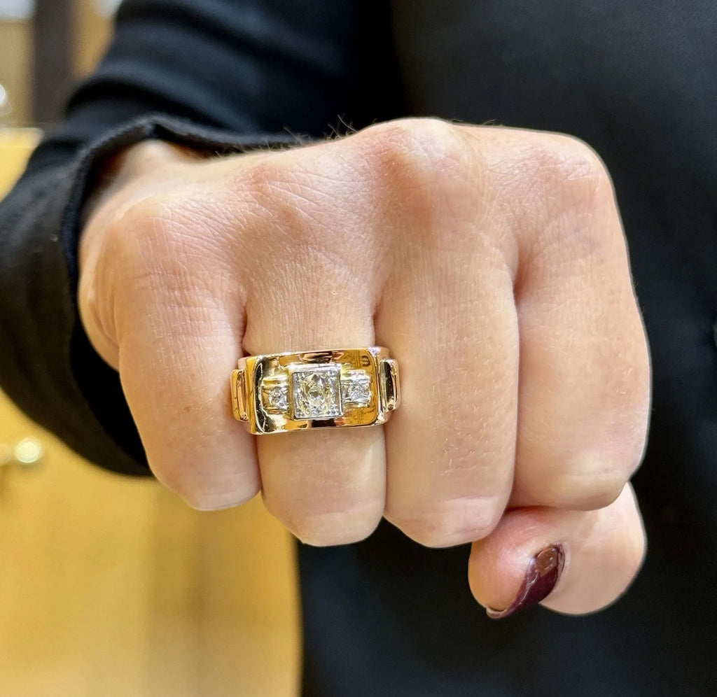 Antique Tank Ring in 18K Rose and White Gold and Diamonds Size 52