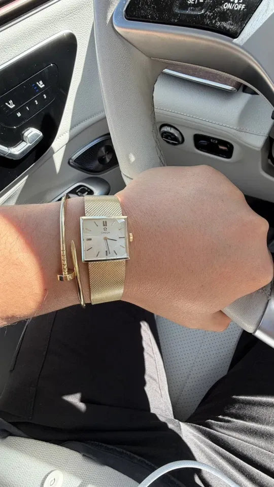 RARE vintage Omega 14k gold square watch with mesh bracelet (1966, 40g) 7.5 to 8 in.