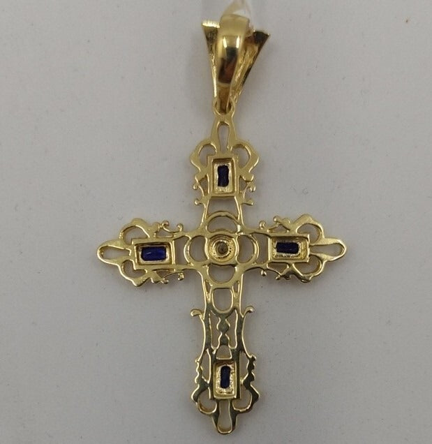 18K 750 Gold Pendant. Cross with Sapphires. Large XL 44 mm.