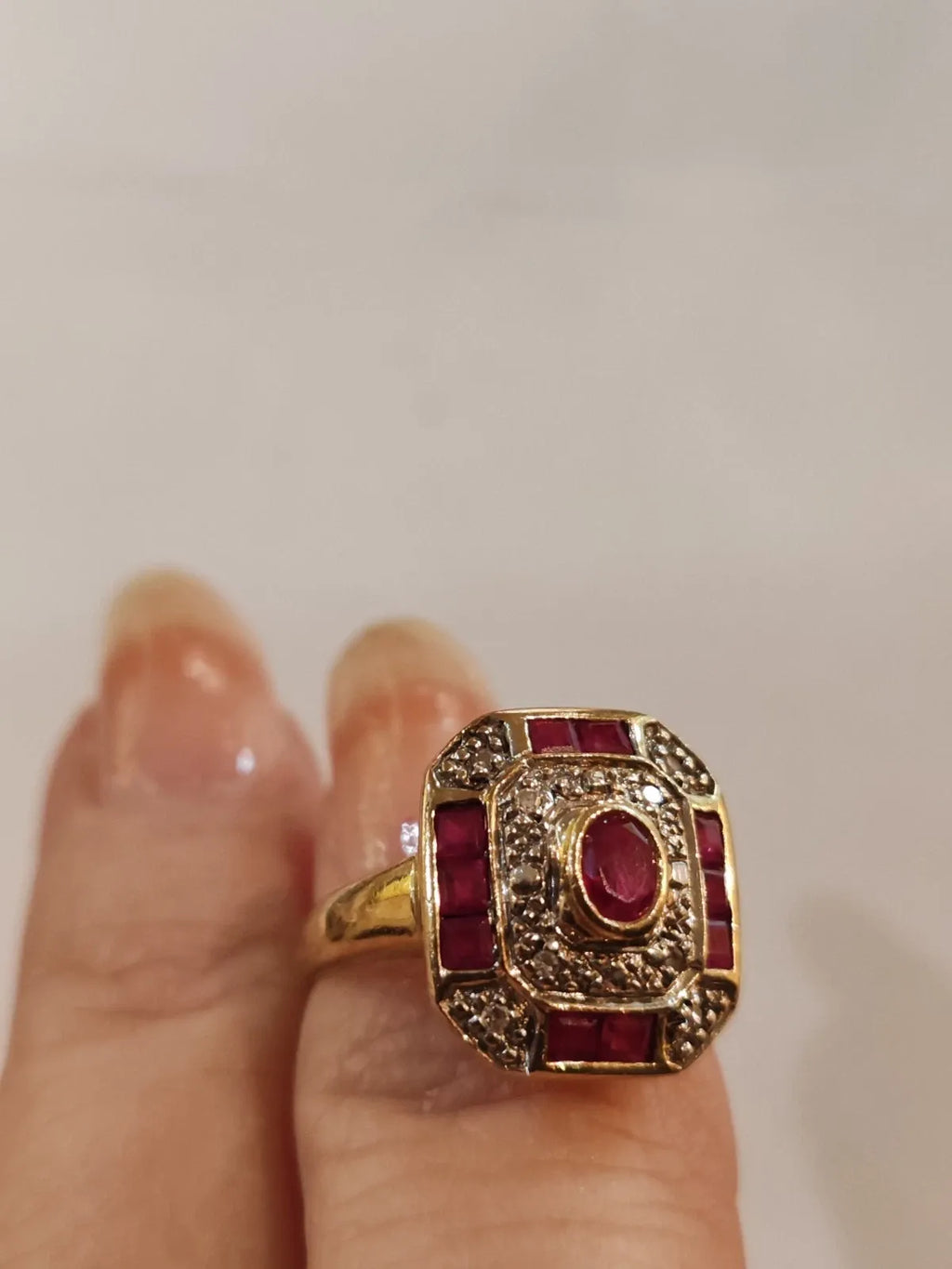 18K yellow gold rectangular ruby and diamond ring
