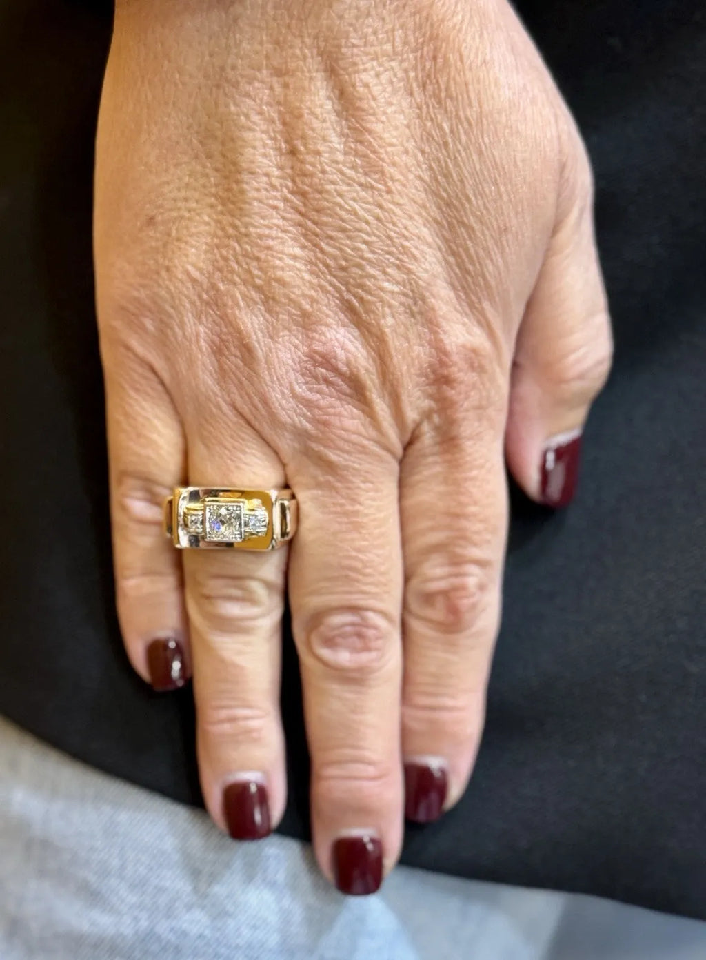 Antique Tank Ring in 18K Rose and White Gold and Diamonds Size 52