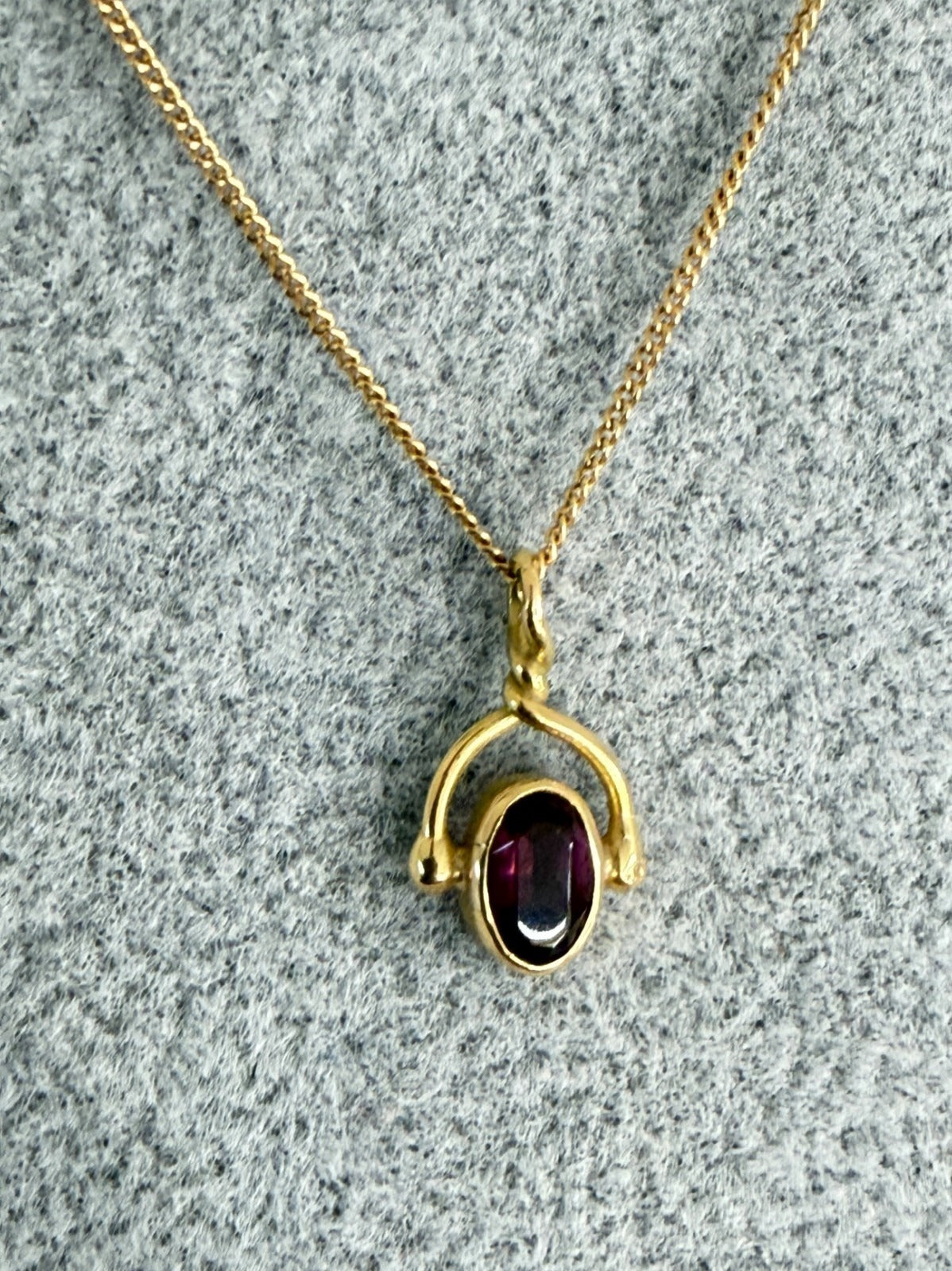 18K Solid Gold Necklace with Burgundy Stone - 40 cm