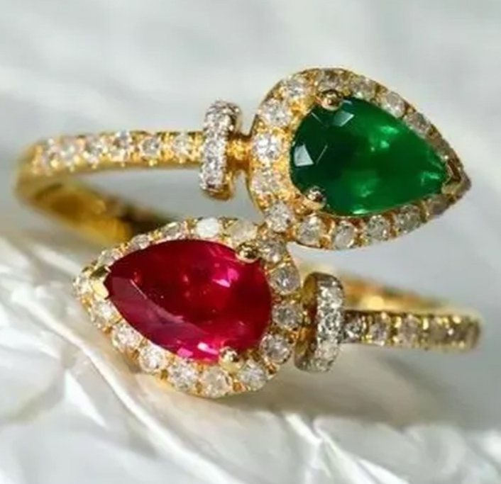 1.08ct Natural Diamond 14k Double Hallmarked Yellow Gold Ruby Emerald Wedding Ring
