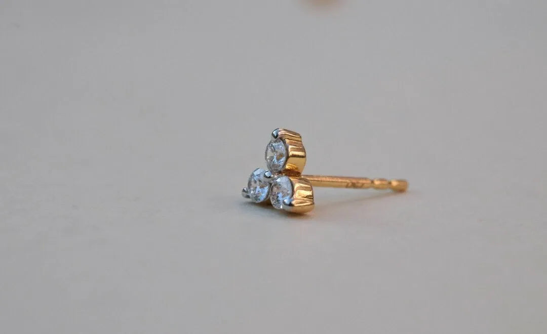 Three Diamond Ear Stud 14k Solid Gold Delicate Body Piercing Jewelry