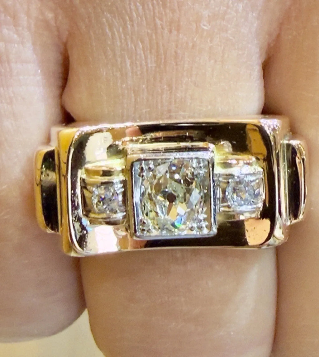 Antique Tank Ring in 18K Rose and White Gold and Diamonds Size 52