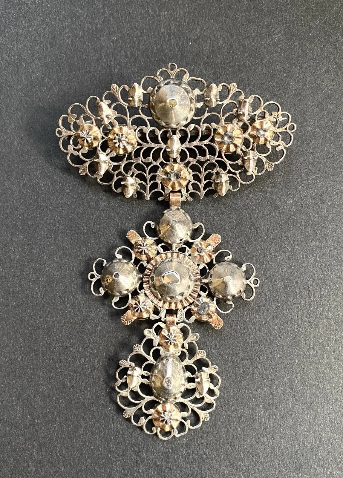 Early 19th Century Jewelry. Butterfly or Flemish Cross mounted as a Brooch. Silver, Gold