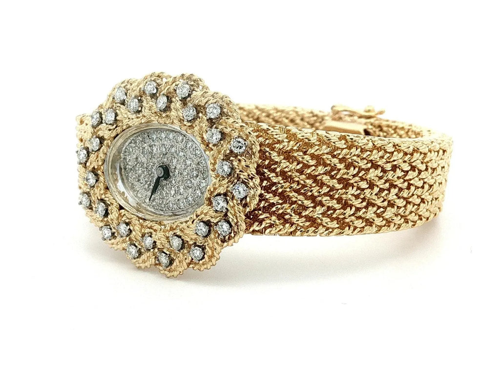 Vintage M&W Ullmann 14K gold diamond dial basket weave link bracelet watch-