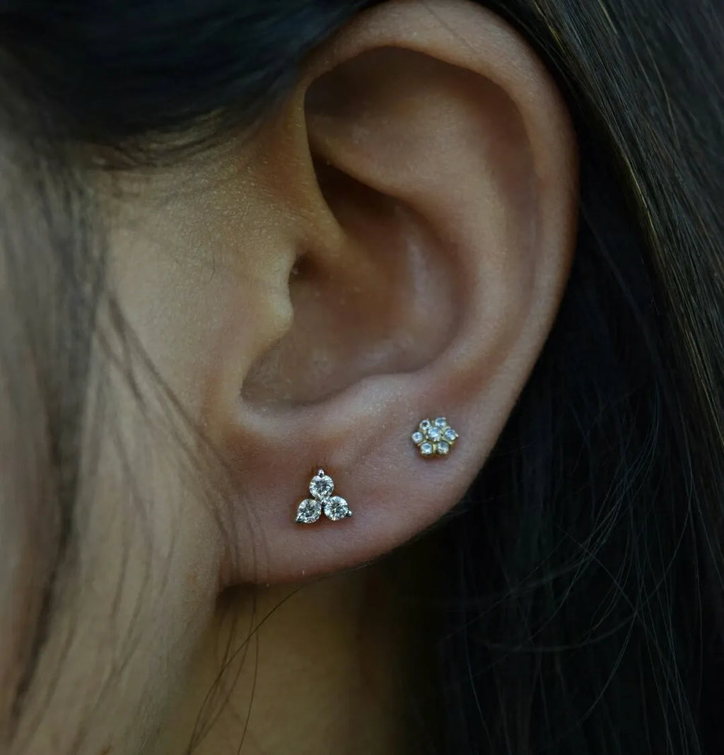 Three Diamond Ear Stud 14k Solid Gold Delicate Body Piercing Jewelry