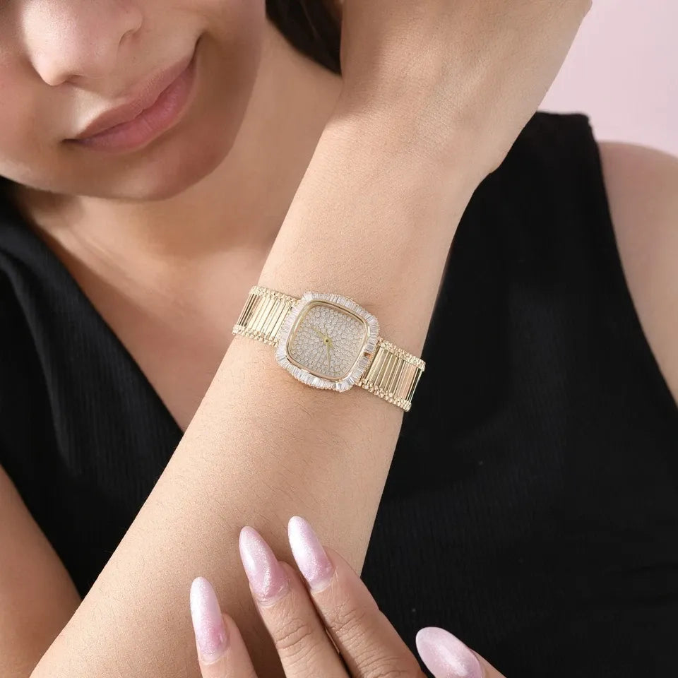 2.93 ct Natural SI/H Diamond Bangle Watch Women's Luxury 18K Yellow Gold Bracelet