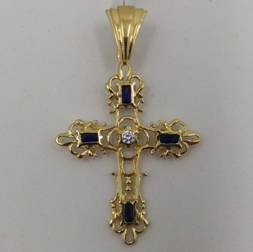 18K 750 Gold Pendant. Cross with Sapphires. Large XL 44 mm.