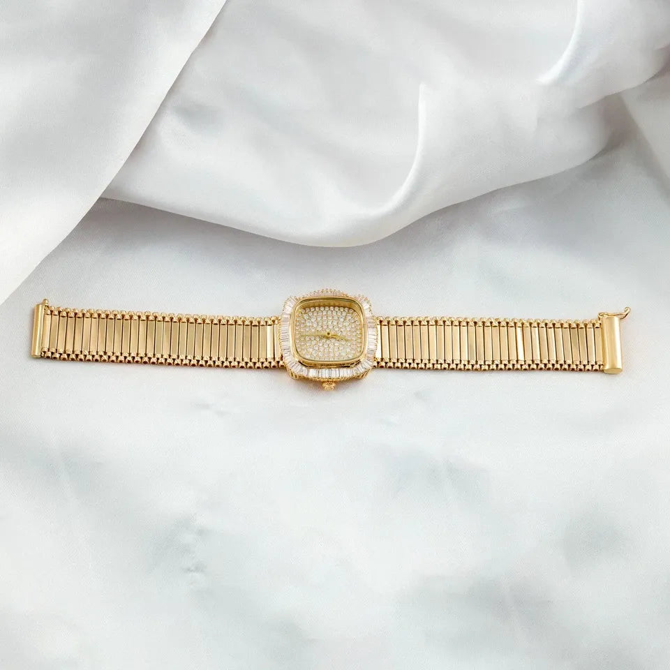 2.93 ct Natural SI/H Diamond Bangle Watch Women's Luxury 18K Yellow Gold Bracelet