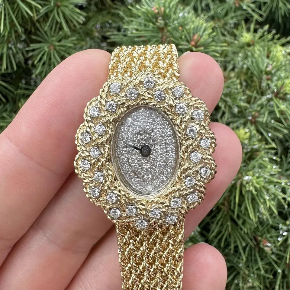 Vintage M&W Ullmann 14K gold diamond dial basket weave link bracelet watch-