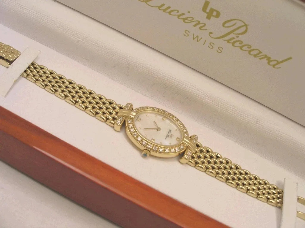 Ultra Rare Women's Lucien Piccard Mother-of-Pearl 14K Gold Diamond Watch with Box+