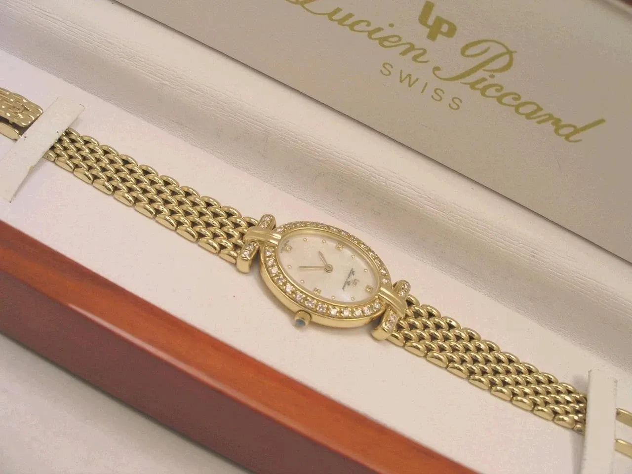 Ultra Rare Women's Lucien Piccard Mother-of-Pearl 14K Gold Diamond Watch with Box+