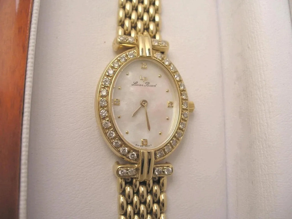 Ultra Rare Women's Lucien Piccard Mother-of-Pearl 14K Gold Diamond Watch with Box+