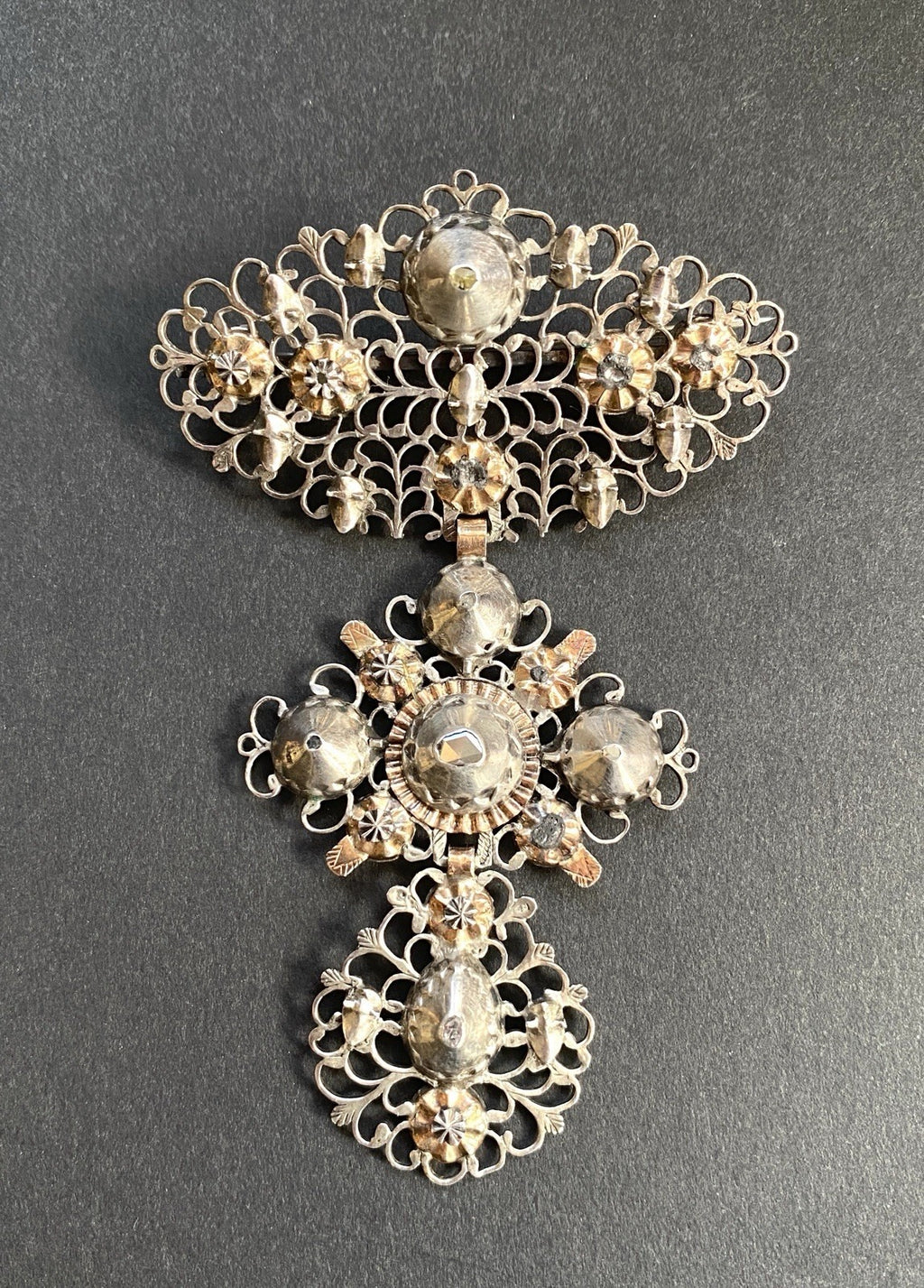 Early 19th Century Jewelry. Butterfly or Flemish Cross mounted as a Brooch. Silver, Gold