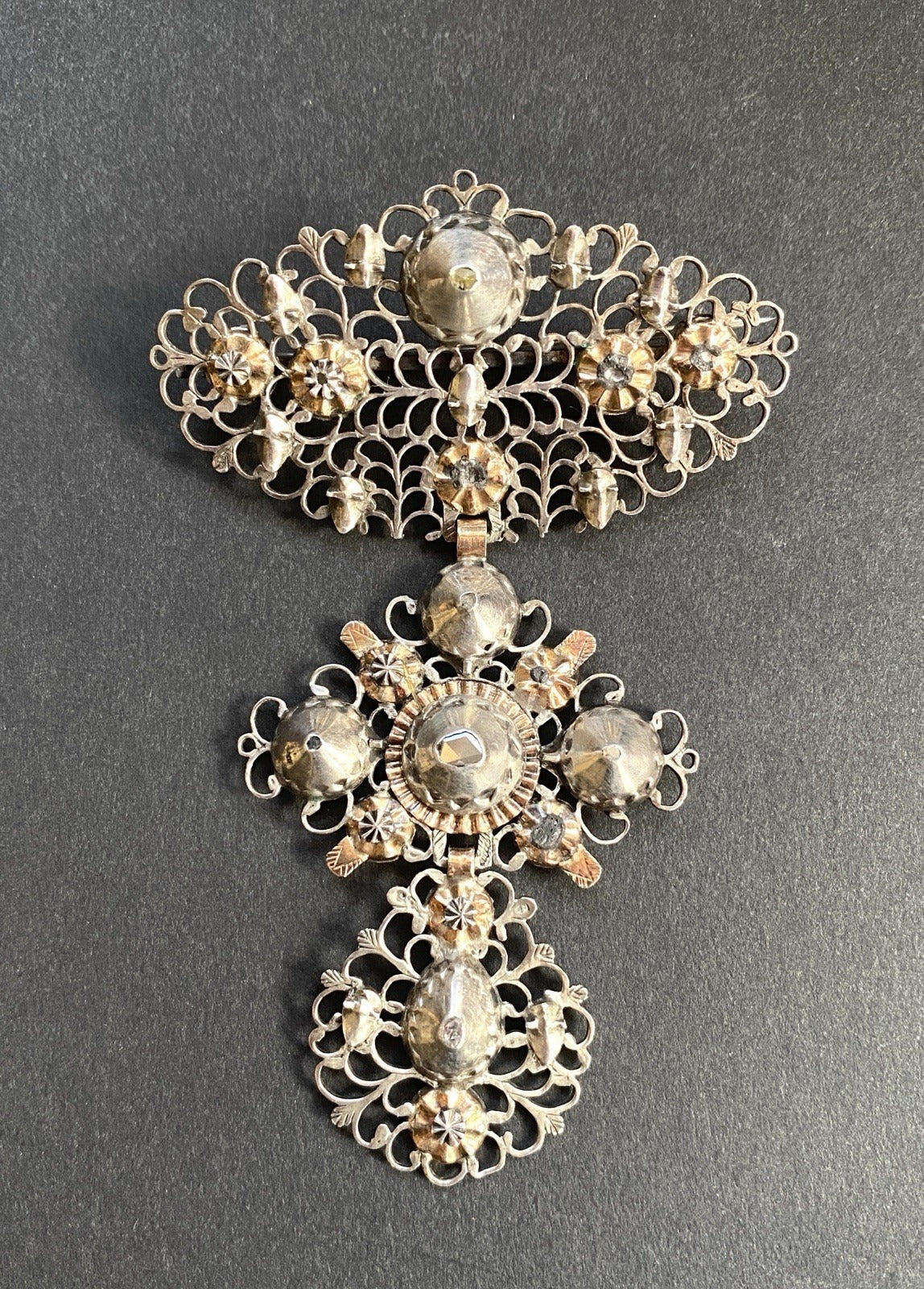 Early 19th Century Jewelry. Butterfly or Flemish Cross mounted as a Brooch. Silver, Gold