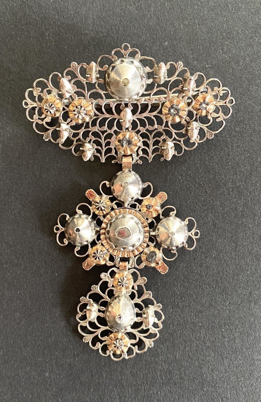 Early 19th Century Jewelry. Butterfly or Flemish Cross mounted as a Brooch. Silver, Gold