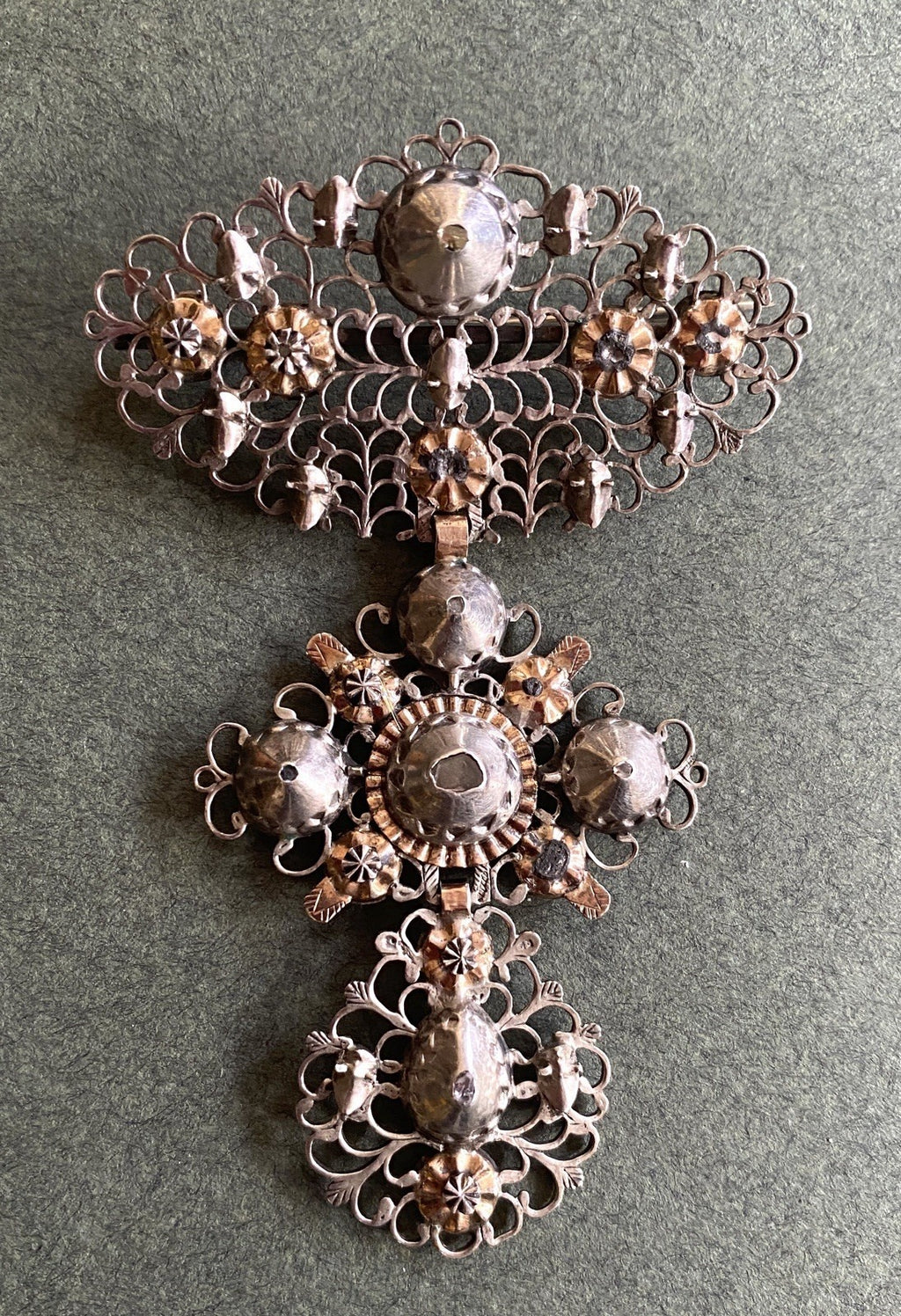 Early 19th Century Jewelry. Butterfly or Flemish Cross mounted as a Brooch. Silver, Gold