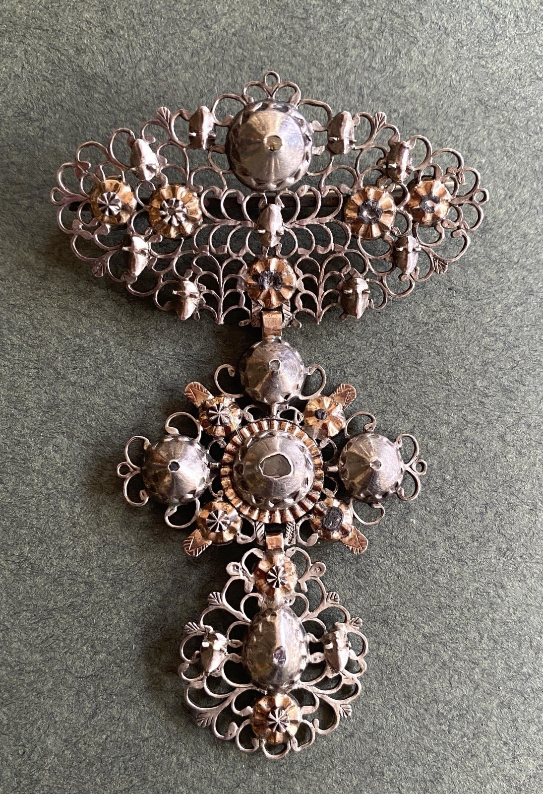 Early 19th Century Jewelry. Butterfly or Flemish Cross mounted as a Brooch. Silver, Gold