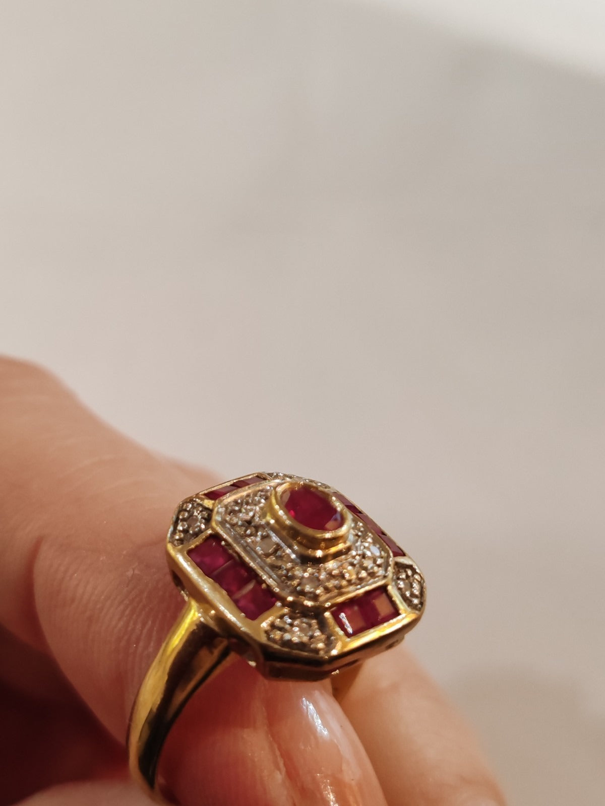 18K yellow gold rectangular ruby and diamond ring