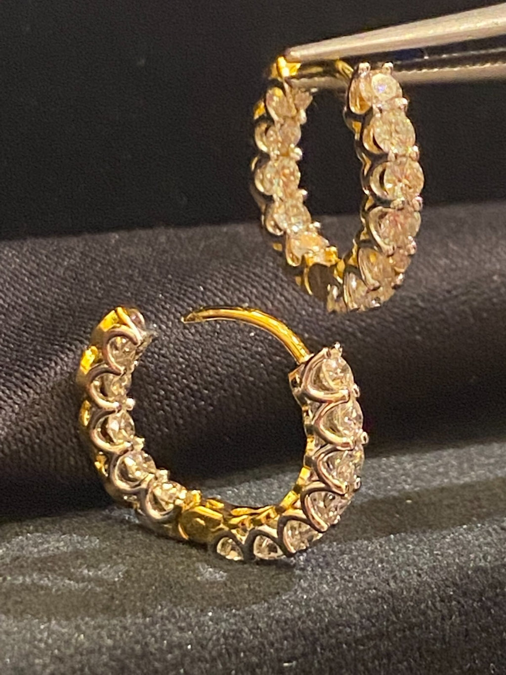 18K gold hoop earrings, set with 1.68 carats total weight of "inside-out" round brilliant-cut diamonds
