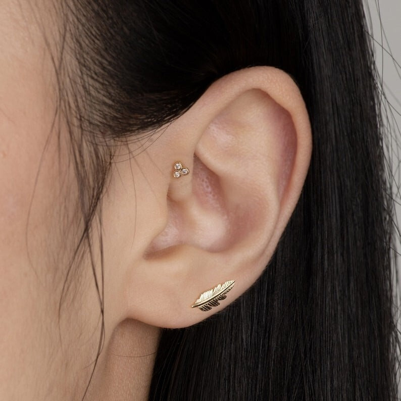 14K Solid Leaf Shape Nose/Ear Piercings Summer Jewelry For Women