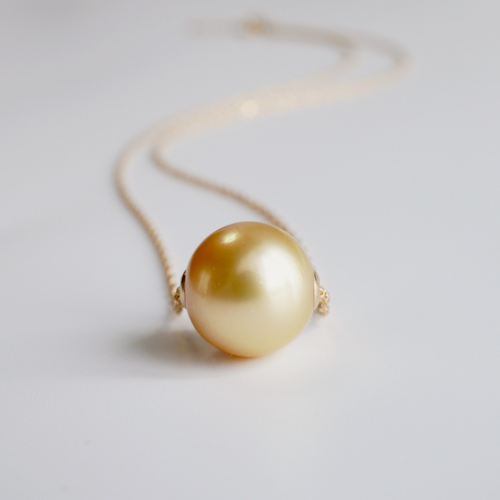 18k Yellow Gold 11.6mm South Sea Golden Pearl Pendant Necklace, reg...