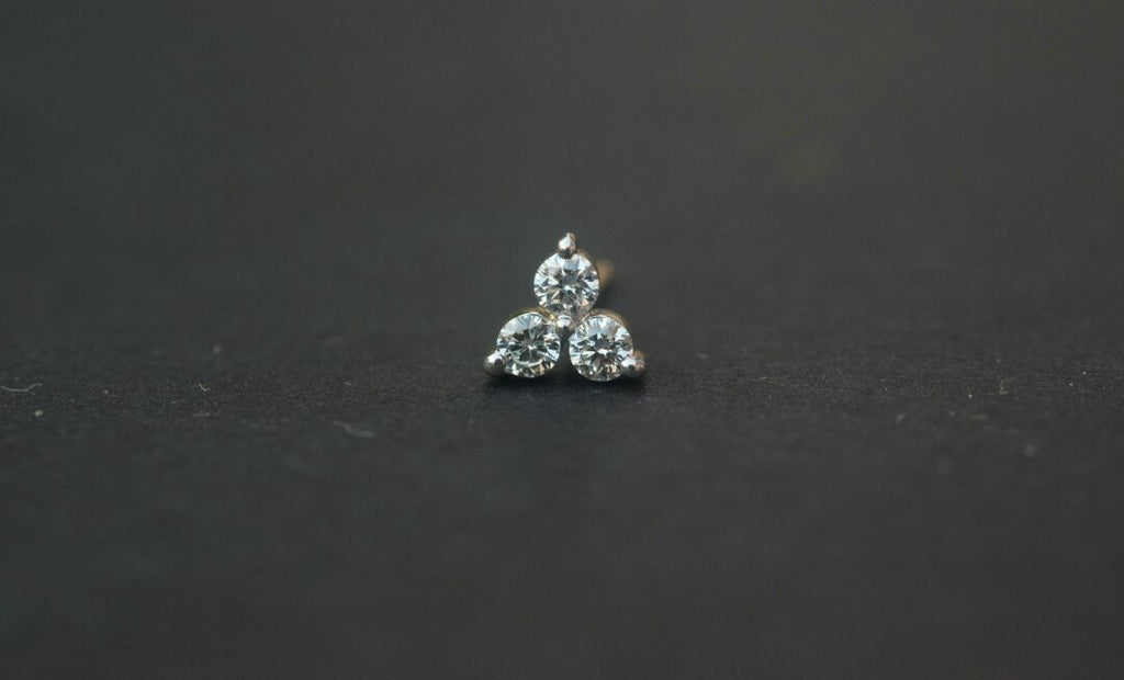 Three Diamond Ear Stud 14k Solid Gold Delicate Body Piercing Jewelry