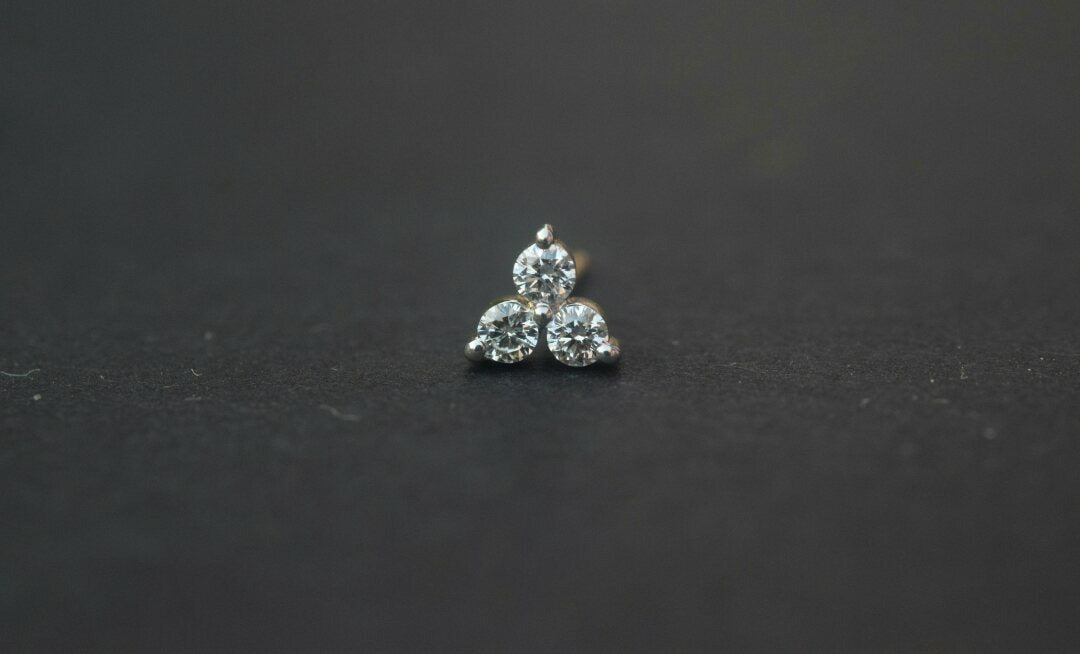 Three Diamond Ear Stud 14k Solid Gold Delicate Body Piercing Jewelry