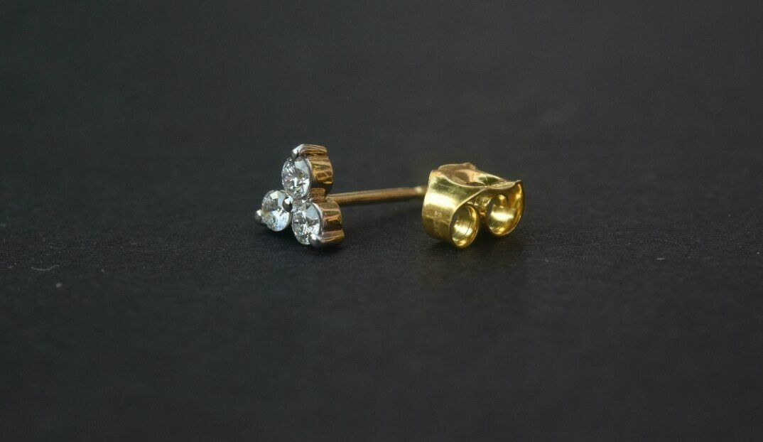 Three Diamond Ear Stud 14k Solid Gold Delicate Body Piercing Jewelry
