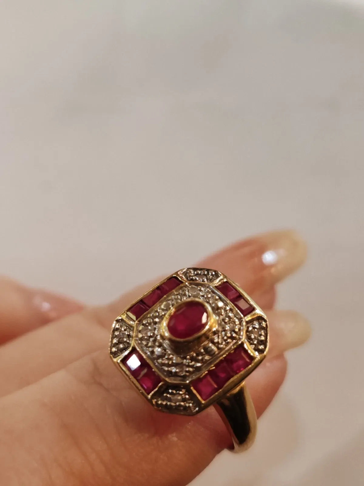 18K yellow gold rectangular ruby and diamond ring