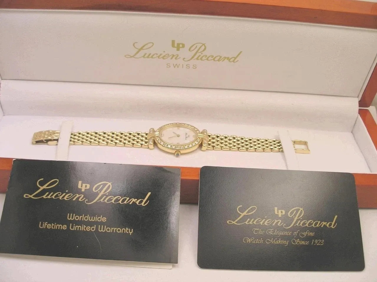 Ultra Rare Women's Lucien Piccard Mother-of-Pearl 14K Gold Diamond Watch with Box+