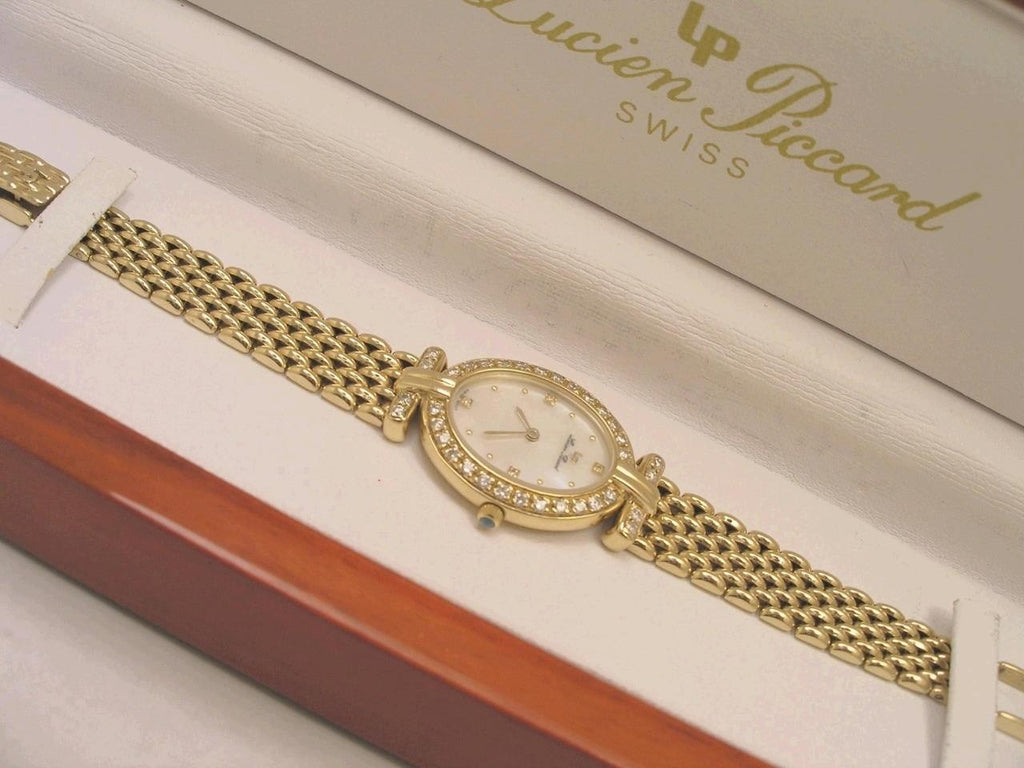 Ultra Rare Women's Lucien Piccard Mother-of-Pearl 14K Gold Diamond Watch with Box+