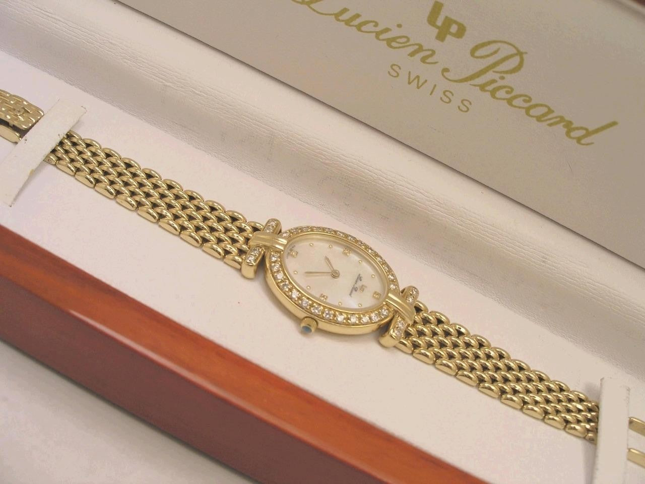 Ultra Rare Women's Lucien Piccard Mother-of-Pearl 14K Gold Diamond Watch with Box+