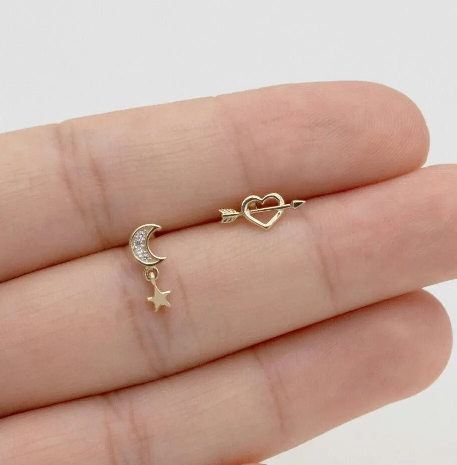 14K Solid Moon Star Ear Piercings for Women Natural Diamond Screw