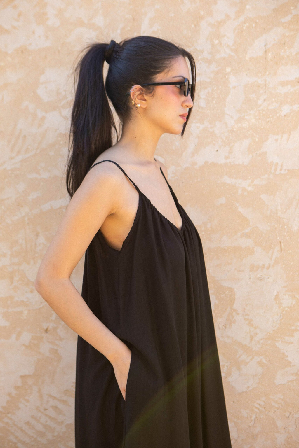 Striped linen V-neck maxi jebba dress