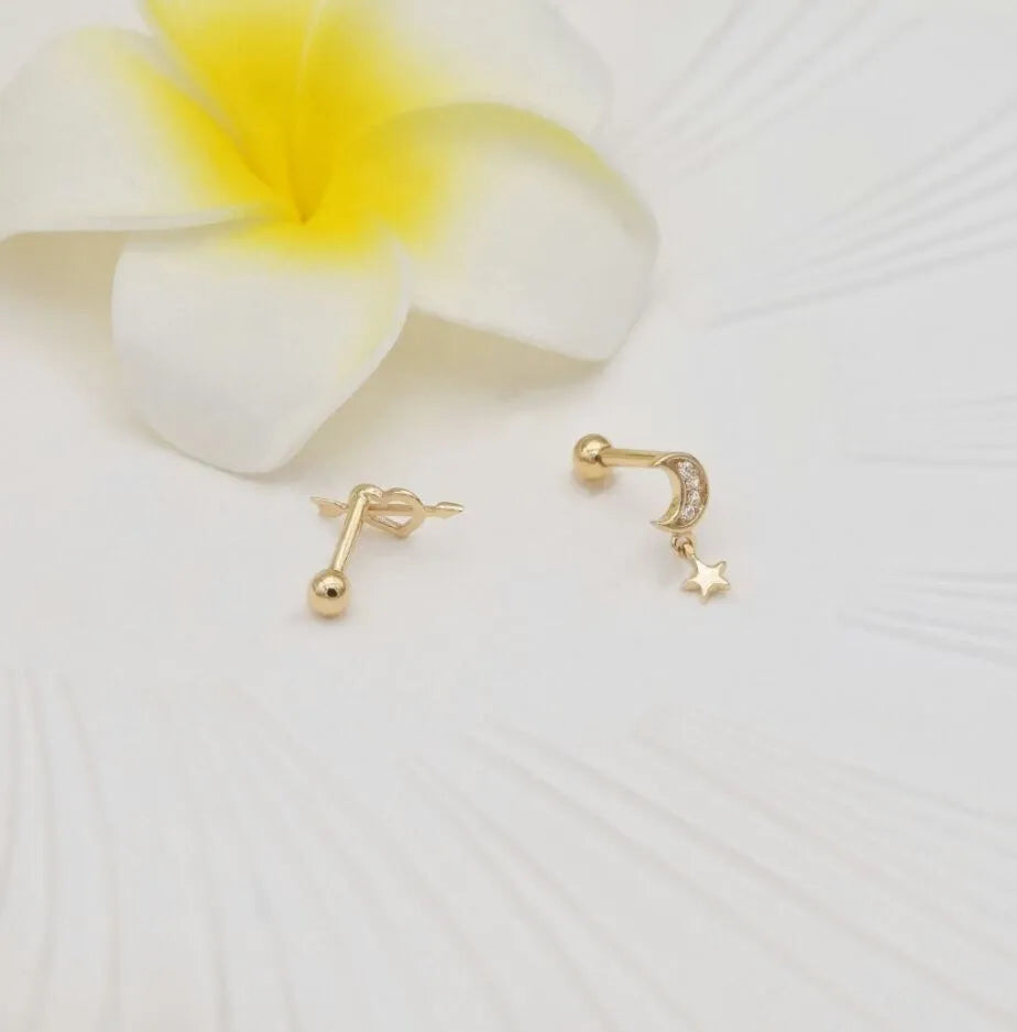 14K Solid Moon Star Ear Piercings for Women Natural Diamond Screw