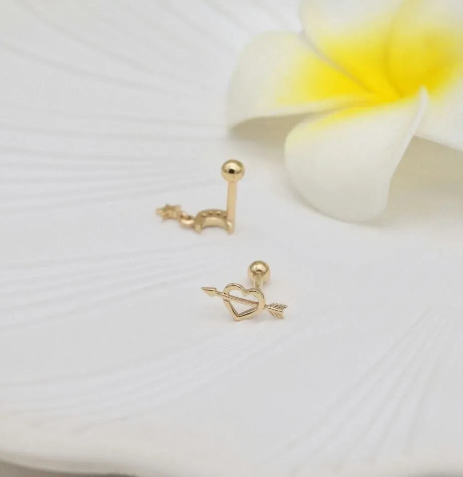 14K Solid Moon Star Ear Piercings for Women Natural Diamond Screw