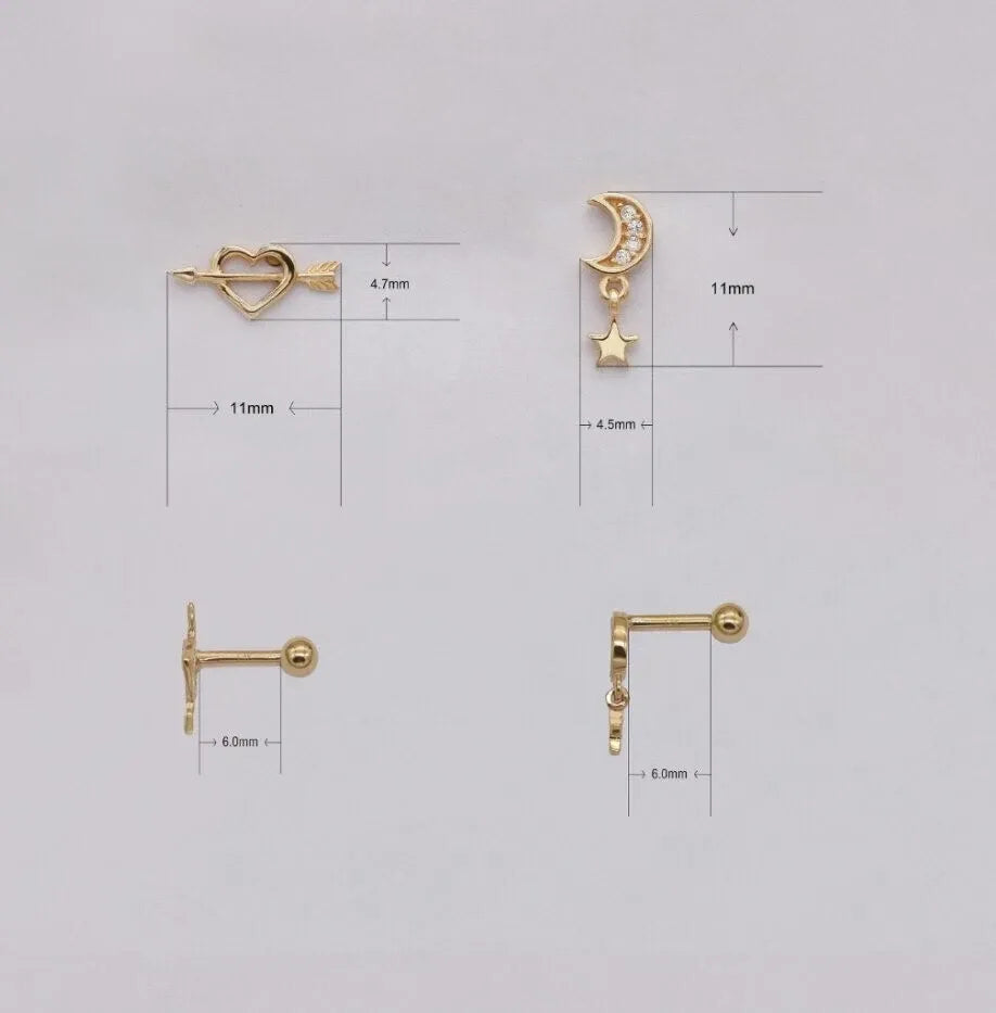 14K Solid Moon Star Ear Piercings for Women Natural Diamond Screw