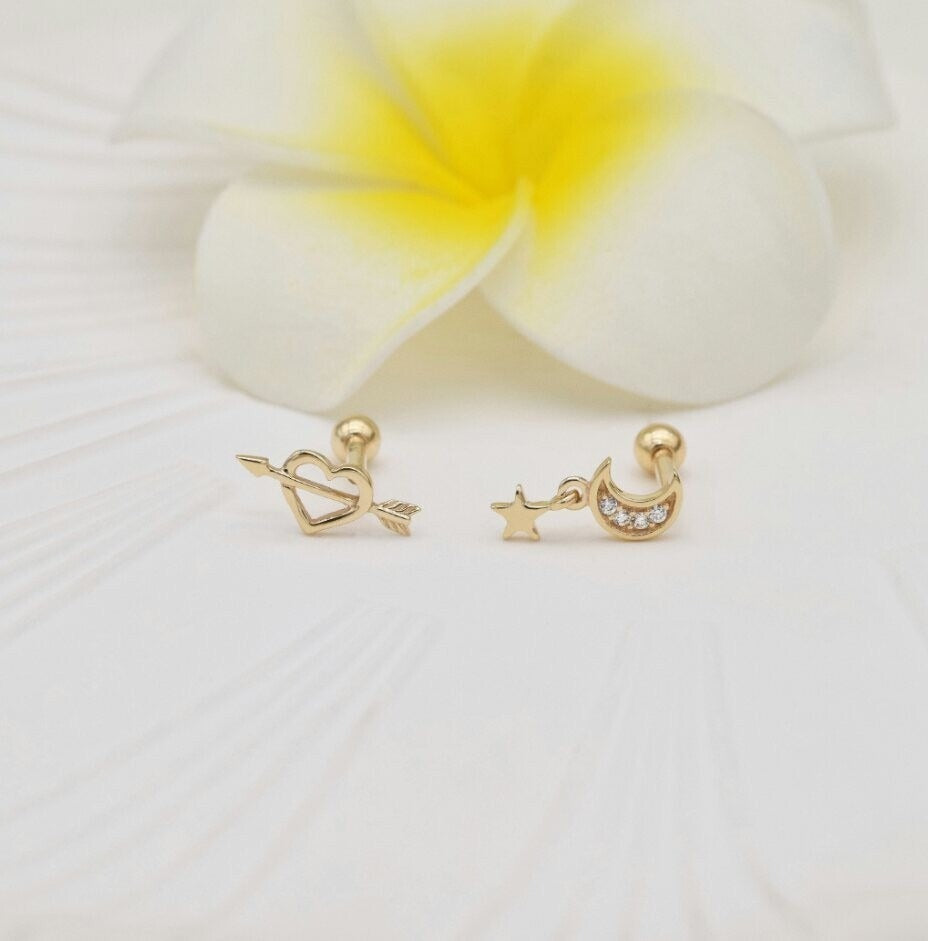 14K Solid Moon Star Ear Piercings for Women Natural Diamond Screw