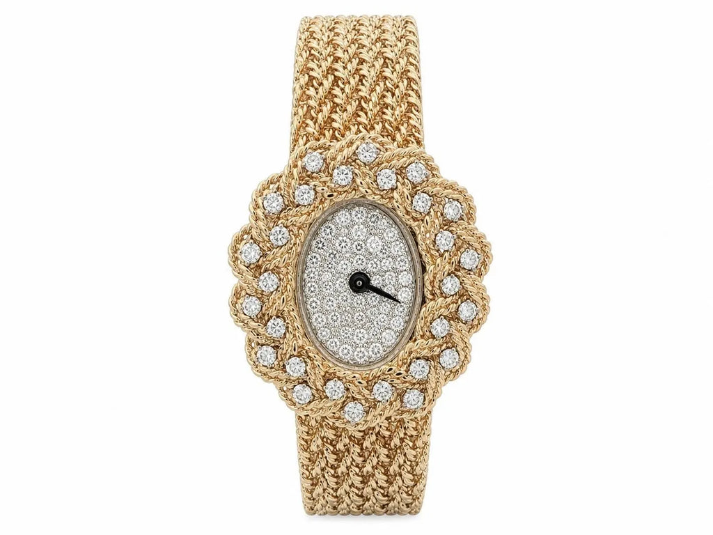 Vintage M&W Ullmann 14K gold diamond dial basket weave link bracelet watch-