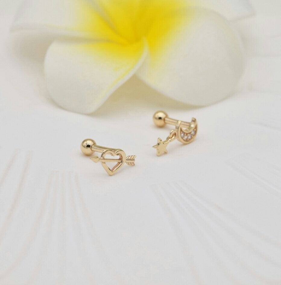 14K Solid Moon Star Ear Piercings for Women Natural Diamond Screw