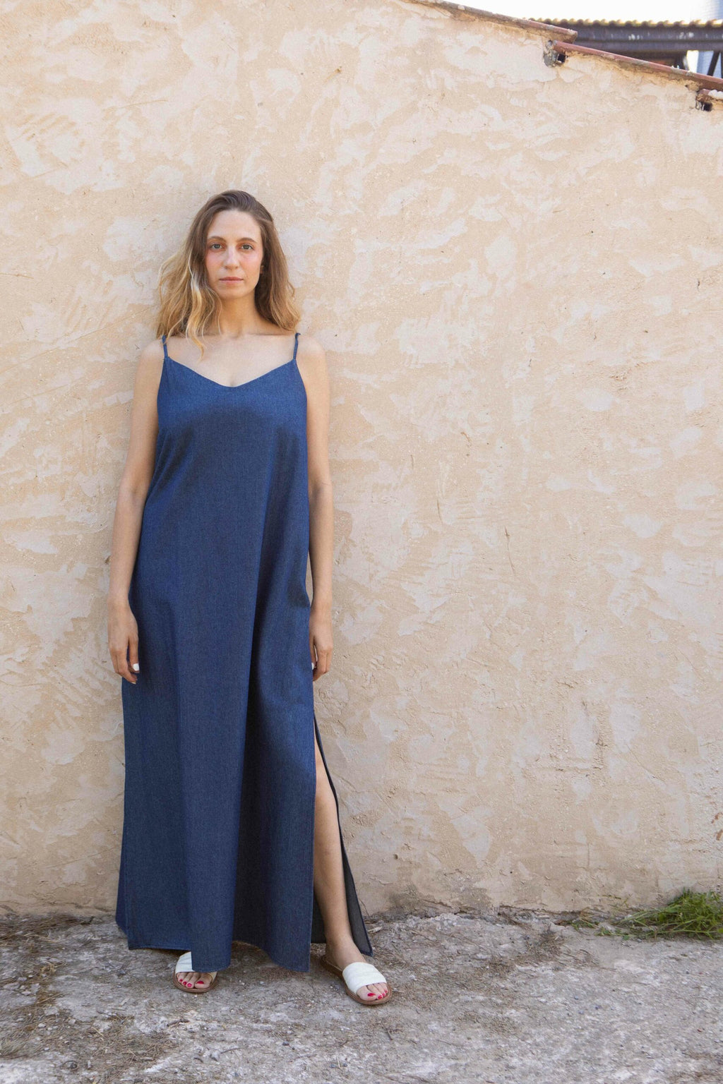 Straight denim dress thin straps side slit