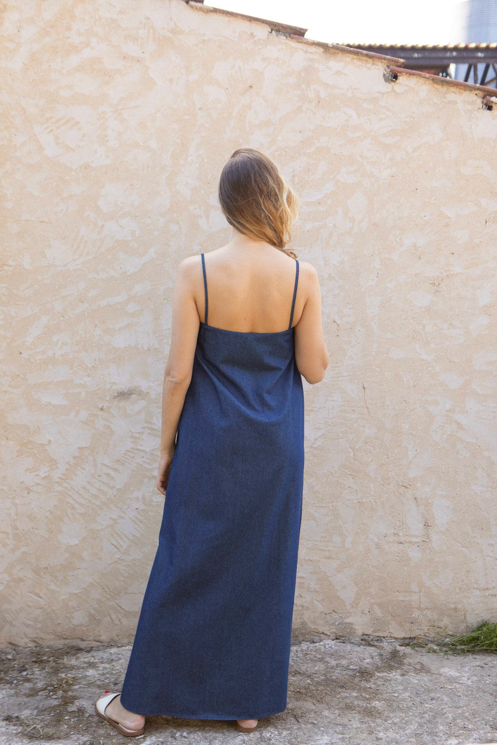 Straight denim dress thin straps side slit