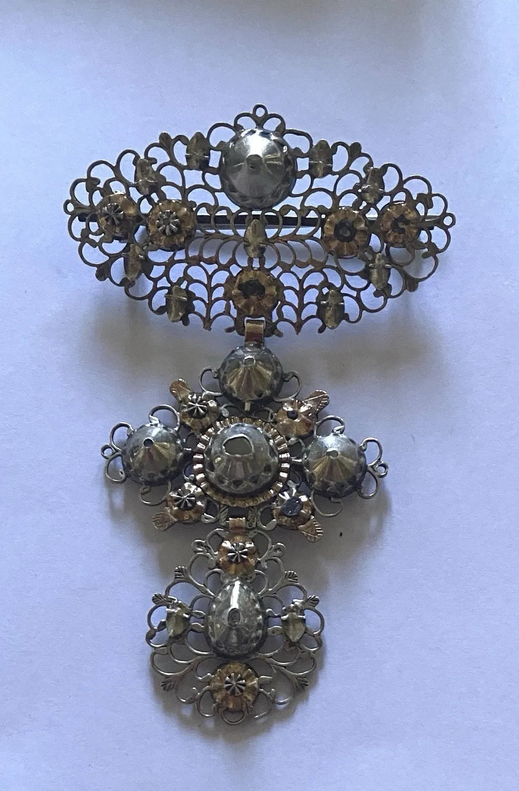 Early 19th Century Jewelry. Butterfly or Flemish Cross mounted as a Brooch. Silver, Gold