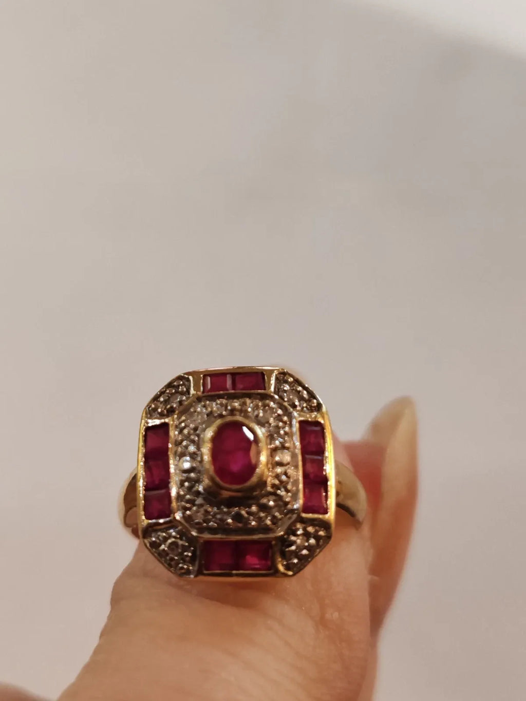 18K yellow gold rectangular ruby and diamond ring
