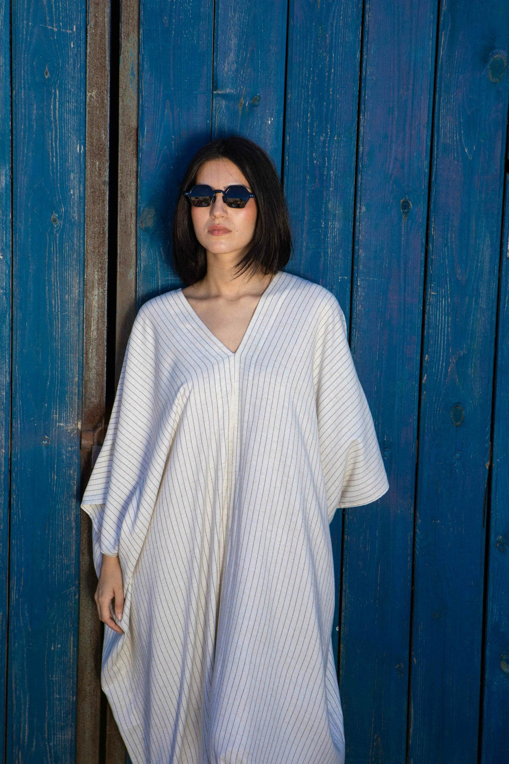 Striped linen V-neck maxi jebba dress